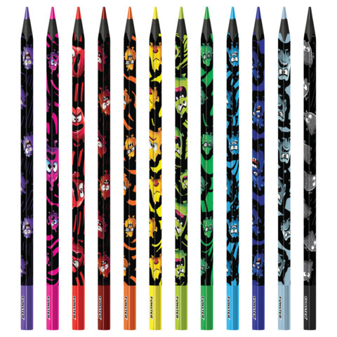 Карандаши цветные FUNSTER (ФАНСТЕР) МОНСТРИКИ, 12 цветов, черный корпус с принтом, трехгранные, 182065