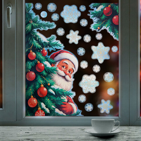 Наклейка для окон двусторонняя, 30х38 см "Дед Мороз", глиттер, золотой, ЗОЛОТАЯ СКАЗКА, 592575