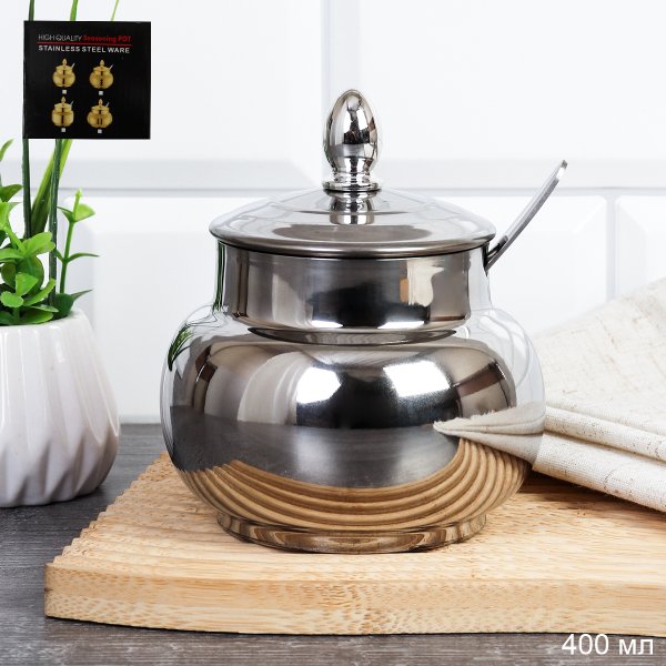 Сахарница 400 мл с ложкой металл / OS-822 /уп 100/ 0,11/ 0,12