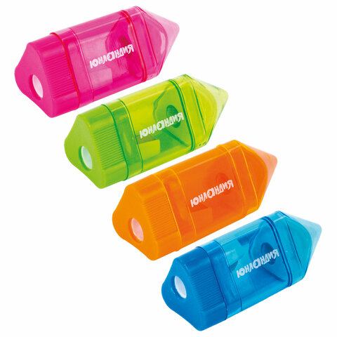 Точилка ЮНЛАНДИЯ "Карандашик" с контейнером и ластиком 2 в 1, НАБОР 4 ШТУКИ, 272508