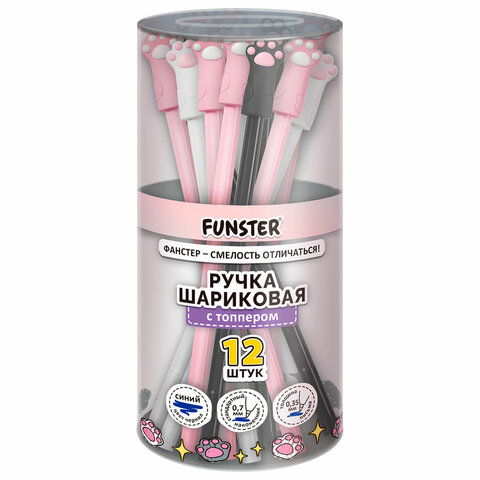 Ручка с топпером шариковая масляная FUNSTER (ФАНСТЕР) "CAT PAWS", СИНЯЯ, корпус ассорти, пишущий узел 0,7 мм, линия письма 0,35 мм, 144369