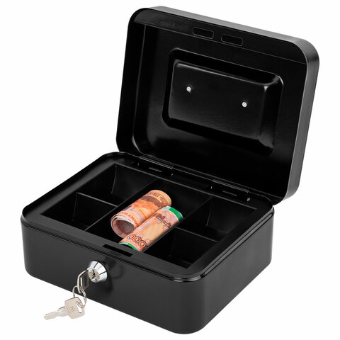 Ящик для денег, ценностей, документов, печатей, 90х160х200 мм, ключевой замок, черный, BRAUBERG, 291350