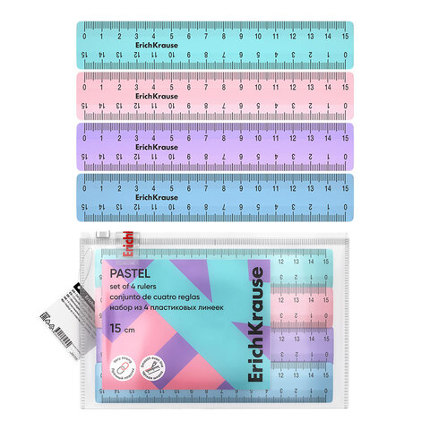 Набор линеек пластиковых 15 см, набор 4 шт., ERICH KRAUSE "Pastel", ассорти, 49558