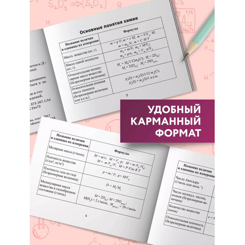 Мини-шпаргалка для школы "Формулы по химии", 63 стр., А6, 110х140 мм, ФП