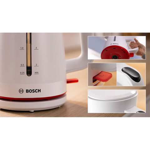 Чайник BOSCH TWK3M121, 1,7 л, 2400 Вт, закрытый нагревательный элемент, пластик, белый
