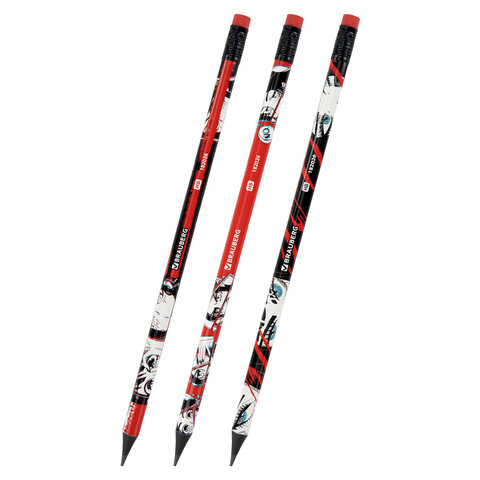 Карандаш чернографитный с принтом BRAUBERG "RED ANIME", 1 шт., HB, с ластиком, корпус ассорти, 182026