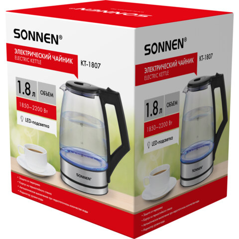 Чайник электрический SONNEN KT-1807, 1,8 л, 2200 Вт, термостойкое стекло, внутренняя подсветка синяя, нержавеющая сталь, 455140
