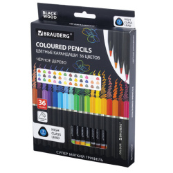 Карандаши цветные чёрное дерево BRAUBERG BLACK WOOD, 36 цветов, мягкий грифель 3 мм, 182042