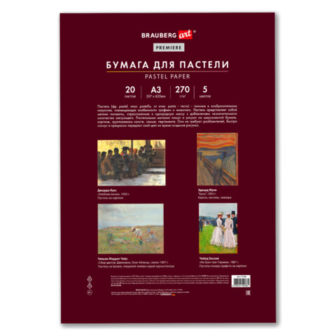 Бумага для пастели ФАКТУРНАЯ, А3, в папке, 20 листов, 5 цветов, 270 г/м2, BRAUBERG ART, 117756