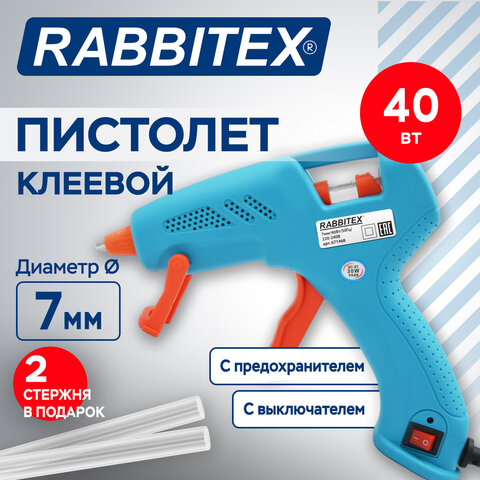 Клеевой пистолет 40 Вт, 7 мм (предохранитель, антикапля, индикатор), 2 стержня, бирюзовый, RABBITEX (РАББИТЕКС), 671468