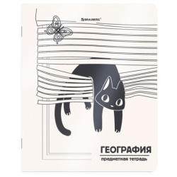 Тетрадь предметная КОТ-НЕПОСЕДА 48л, пластиковая обложка, ГЕОГРАФИЯ, клетка, подсказ, BRAUBERG, 405531