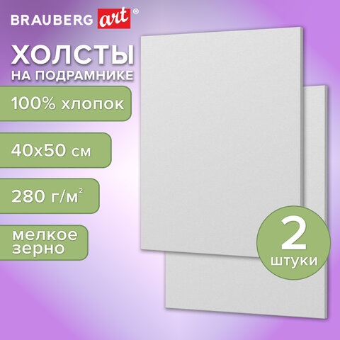 Холсты на подрамнике, набор 2 штуки, BRAUBERG ART BASIC, 40х50 см, 280 г/м2, хлопок, грунт, 192673