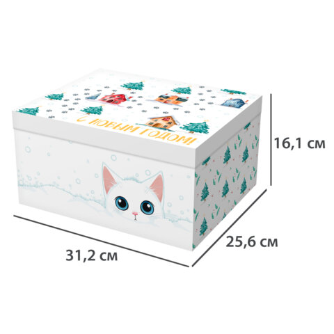 Коробка самосборная подарочная новогодняя (1 шт.), 31,2х25,6х16,1 см, с изображением КОТЕНКА, ЗОЛОТАЯ СКАЗКА, 592817