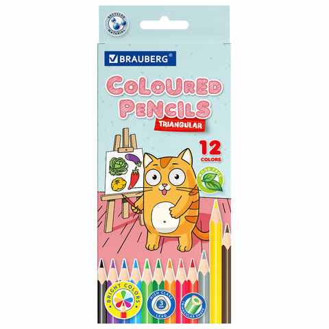 Карандаши цветные "АССОРТИ 8 ДИЗАЙНОВ 3+ лет", 12 цветов, трехгранные, BRAUBERG, 182055