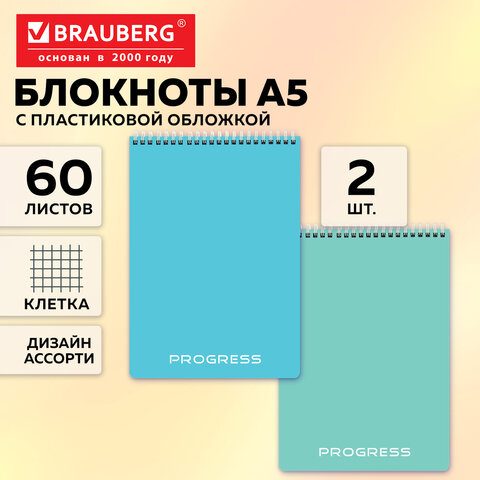 Блокнот ДЭК А5, 150х210 мм, 60 л., КОМПЛЕКТ 2 шт., гребень, пластик, клетка, BRAUBERG "Pastel", Blue/Mint, 118616