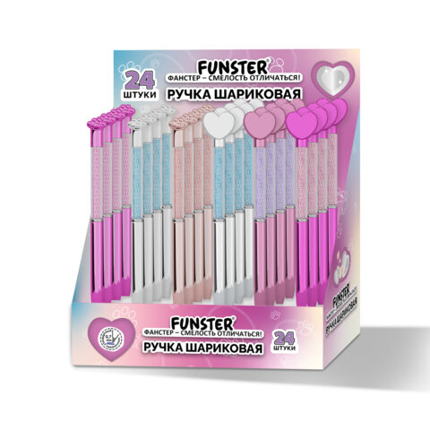 Ручка поворотная с топпером шариковая FUNSTER "SHINY HEART&PAW", СИНЯЯ, ассорти, пишущий узел 0,7 мм, 144519