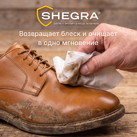 Салфетки влажные для обуви и изделий из гладкой кожи, с натуральным воском, 15 шт., SHEGRA (ШЕГРА), 703266