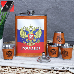 Набор в подарочной коробке Фляжка 180 мл Россия + 4 стопки 30 мл,воронка / FL-212 /уп 60/