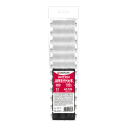 Нитки швейные 45ЛЛ 200 м, полиэстер, НАБОР 12 штук, 6 белых/6 черных, DEVELIA (Девелиа), 609620