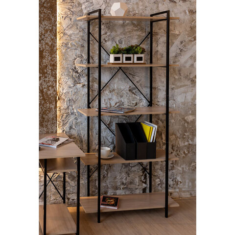 Стеллаж BRABIX "SMART SH-004", 790х360х1950 мм, ЛОФТ, 5 полок, металл/ЛДСП ясень шимо светлый, каркас черный, 641943