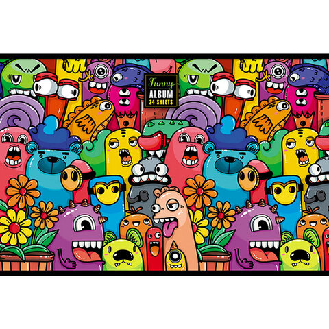 Альбом для рисования А4 24 л., скоба, TWIN-лак, ПЗБМ, 205х295 мм, "Куча Монстров" (микс в спайке), 44055