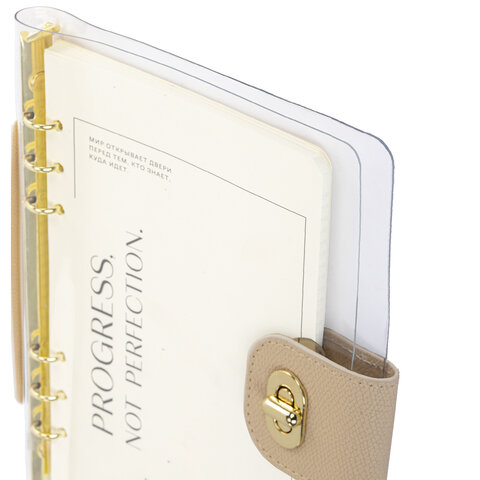 Блокнот А5 180x235 мм, BRAUBERG "Fabulous", гибкий, на кольцах, застежка, 80 л., бежевый, 116194