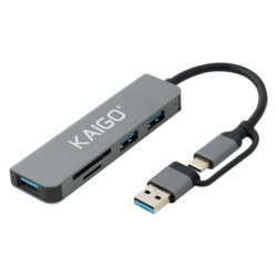 USB-хаб KG-089, Type-C 3.2 + адаптер USB-A 3.2, в/с, 5 в 1, 1 х USB-A 3.2, 2 x USB-A 2.0, 2 x SD/TF 2.0,135 мм, серый, KAIGO (КАЙГО), 355067