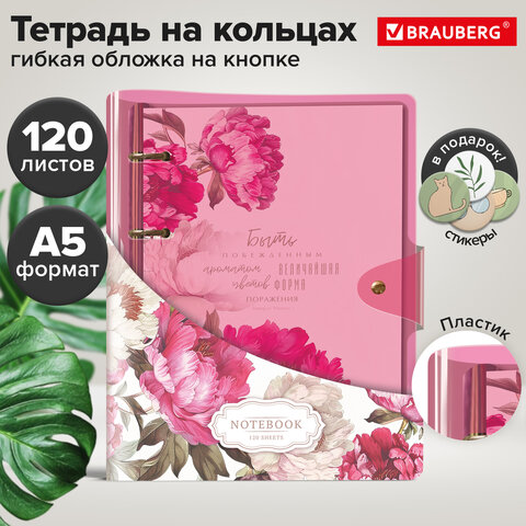 Тетрадь на кольцах А5, 180х220 мм, 120 л., неоновый пластик, клапан, стикеры, BRAUBERG, розовый, 405221