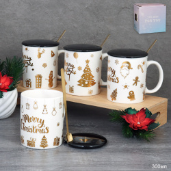 Кружка новогодняя с крышкой,ложка /300 мл/ HB-074 /уп 60/