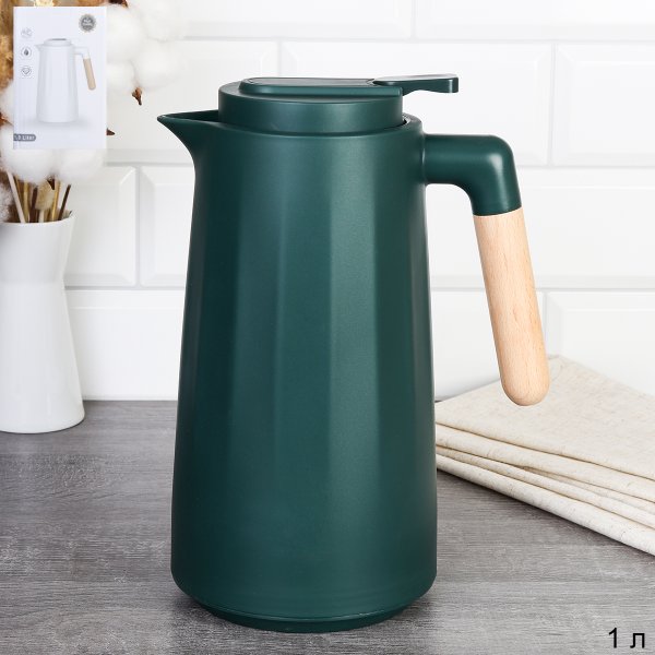 Термос-кувшин 1 л с деревянной ручкой Грани / KL-919 /уп 20/ Темно-Зеленый