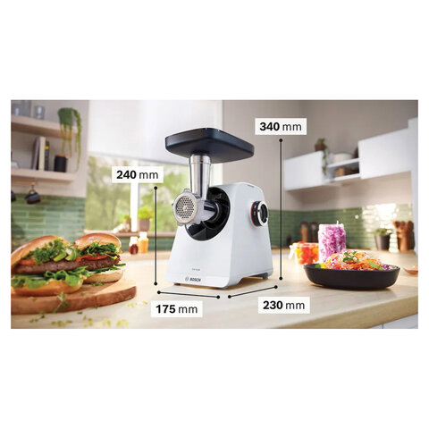 Мясорубка BOSCH MFWS420W, мощность 1900Вт, производ.2,5 кг/мин, металл. шнек, реверс,