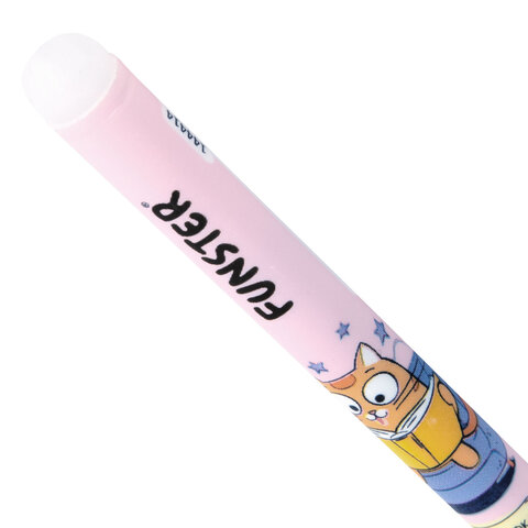 Ручка стираемая гелевая с принтом FUNSTER (ФАНСТЕР) "КОТ-ЭНТУЗИАСТ", СИНЯЯ, корпус ассорти, игольчатый наконеч. 0,5 мм, линия 0,35 мм 144414