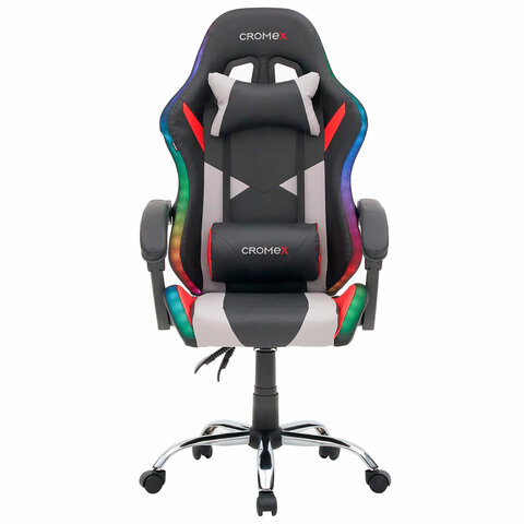 Кресло компьютерное CROMEX (КРОМЕКС) "Quantum GM-155 RGB", подсветка, две подушки, экокожа, черное/красное/серое, 532955