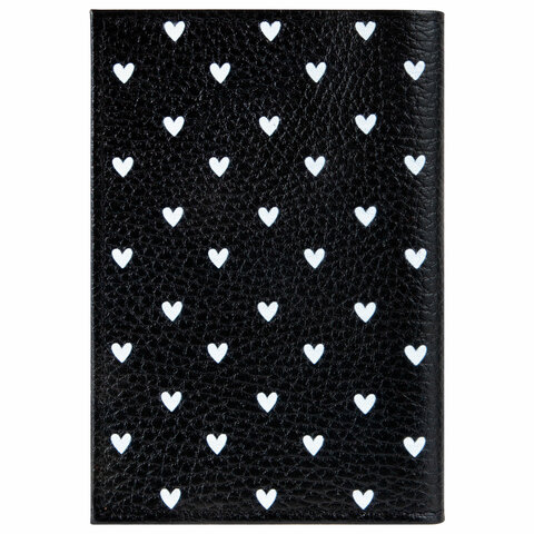 Обложка для паспорта натуральная кожа флоттер, принт "Сердечки", цвет черный, BRAUBERG, 238867