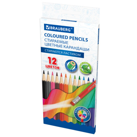 Карандаши цветные стираемые с ластиком BRAUBERG ERASABLE, 12 цветов, шестигранные, 182070