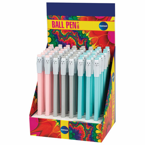 Ручка с топпером шариковая "Кот", СИНЯЯ, корпус ассорти, линия письма 0,7 мм, дисплей, CM, 89523