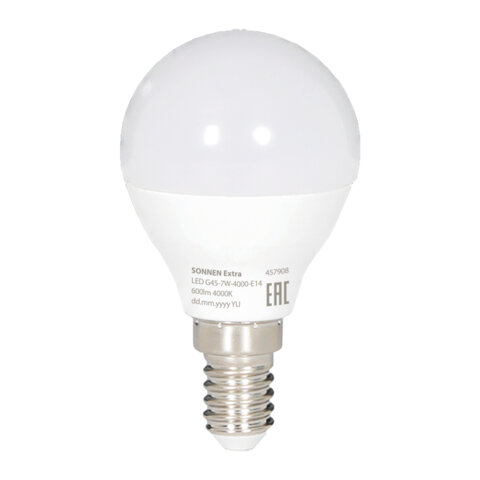Лампа светодиодная SONNEN EXTRA, 7 (60) Вт, E14, шар, нейтральный белый, 30000 ч, LED G45-7W-4000-Е14, 457908