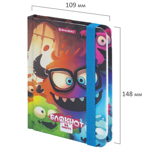 Блокнот с резинкой в клетку 96 л., МАЛЫЙ ФОРМАТ А6, 109х148 мм, BRAUBERG, кросс-серия "МОНСТРИКИ", 117001
