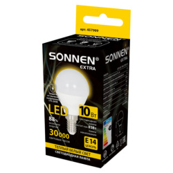 Лампа светодиодная SONNEN EXTRA, 10 (85) Вт, E14, шар, теплый белый, 30000 ч, LED G45-10W-2700-Е14, 457909