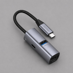 USB-хаб 3 в 1 USB-C - USB-A3.0 + USB-C PD100Вт + HDMI, Цвет серый