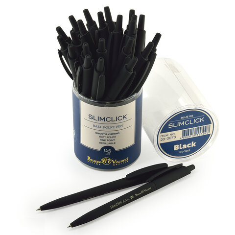 Ручка шариковая автоматическая BRUNO VISCONTI "SlimClick Black", СИНЯЯ, черный корпус, узел 0,5 мм, линия 0,4 мм, 20-0073