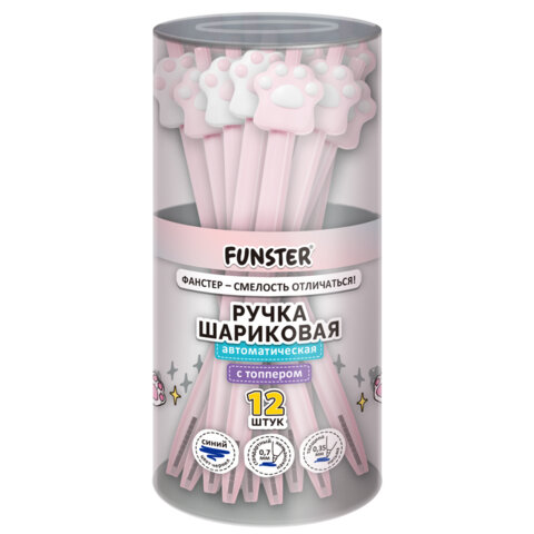Ручка с топпером шариковая автоматическая FUNSTER "CAT PAW", СИНЯЯ, ассорти, пишущий узел 0,7 мм, линия письма 0,35 мм, 144376