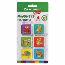 Магниты квадратные стеклянные 35 мм для досок магнитно-маркерных, НАБОР 6 шт., "КОТ-ЭНТУЗИАСТ" BRAUBERG KIDS, блистер, 272514