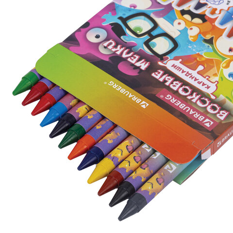 Восковые мелки BRAUBERG "CUTE MONSTERS", 12 цветов, 273238
