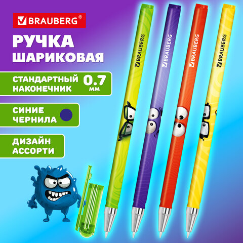 Ручка шариковая с принтом BRAUBERG "МОНСТРИКИ", СИНЯЯ, SOFT TOUCH покрытие, узел 0,7 мм, линия письма 0,35 мм, 144482