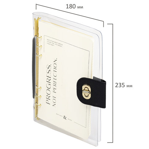 Блокнот А5 180x235 мм, BRAUBERG "Fabulous", гибкий, на кольцах, застежка, 80 л., черный, 116196