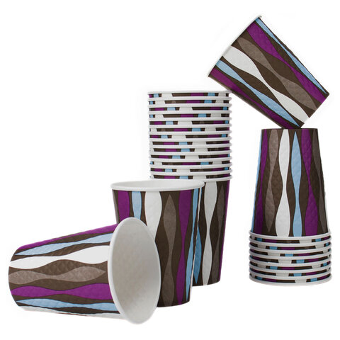 Стакан одноразовый бумажный 300/430 мл, диаметр 90 мм, конгрев/печать, "Волна", КОМПЛЕКТ 50 шт., WELDAY (ВЭЛДЭЙ), 702699