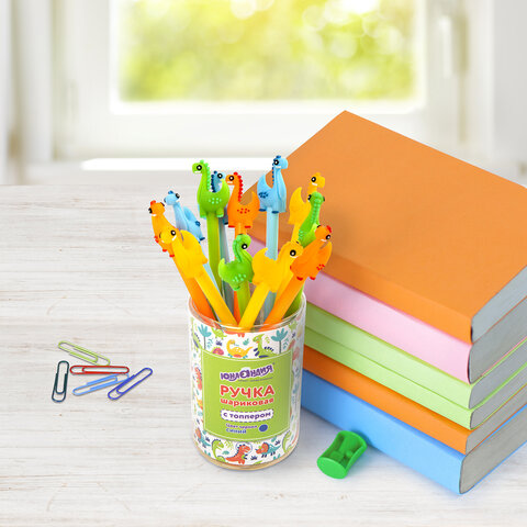 Ручка с топпером шариковая ЮНЛАНДИЯ "Динозаврик", корпус ассорти, СИНЯЯ, пишущий узел 0,7 мм, 143809