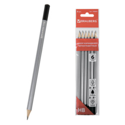 Карандаши чернографитные BRAUBERG НАБОР 6 шт., "Argentum", НВ, без резинки, заточенные, полибэг, 180605