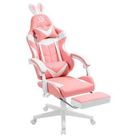 Кресло компьютерное DEFENDER "Irifi", 2 подушки, подставка для ног, экокожа, розовое/белое, 64042